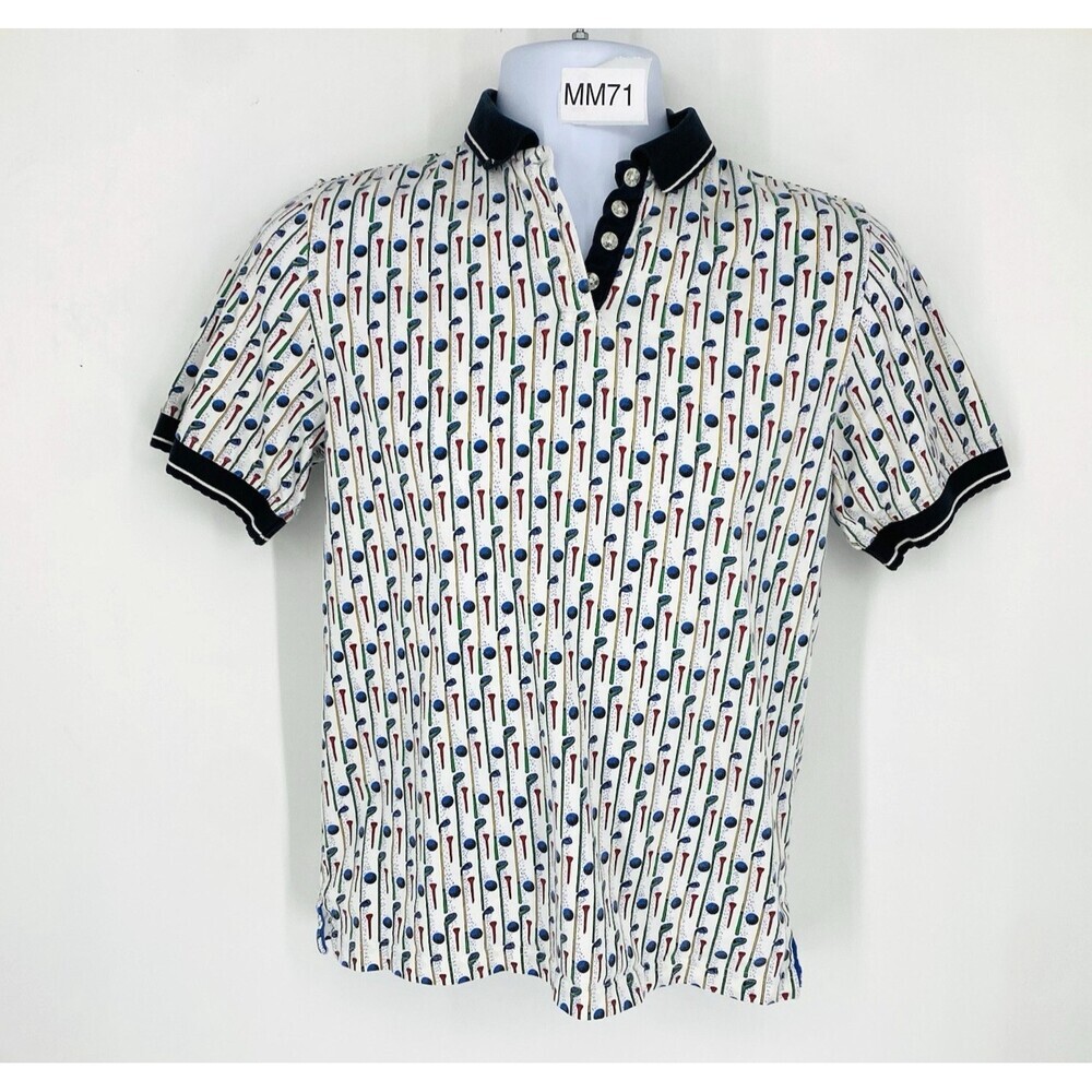 Vintage Fairway Outfitters Golf Shirt Size Medium Tee & Club Print Cotton Polo